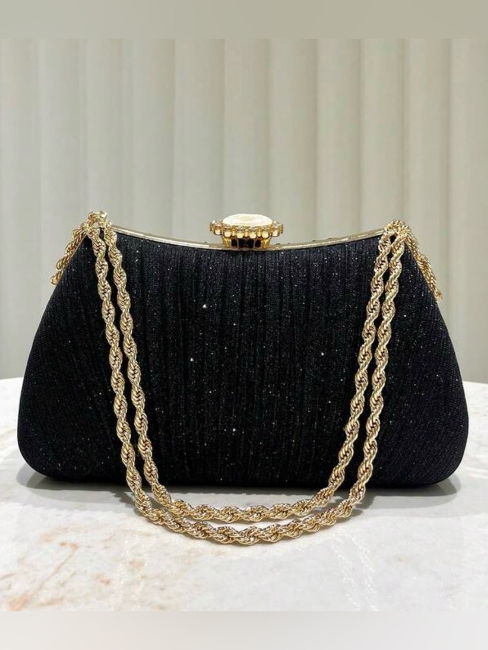 Elegant Black Evening Clutch with Gold Chain